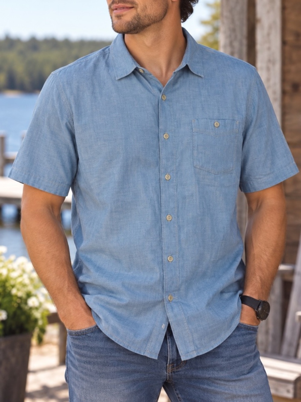 Tommy Bahama Button Down Shirt Mens Size Large Blue Chambray 100% Linen Relaxed